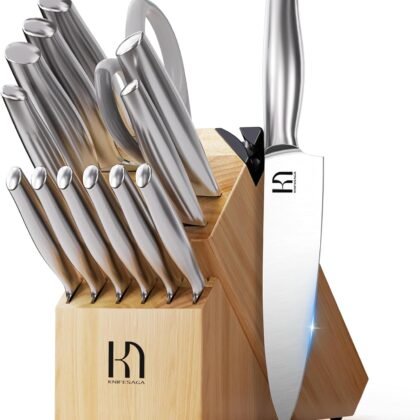 Knife Set, Premium Knife Block Set for Kitchen 14 Pcs UltraSharp Japanese High Carbon Stainless Steel with Block and Built-in Sharpener, Kitchen Knives Set with Non-serrated Steak Knives