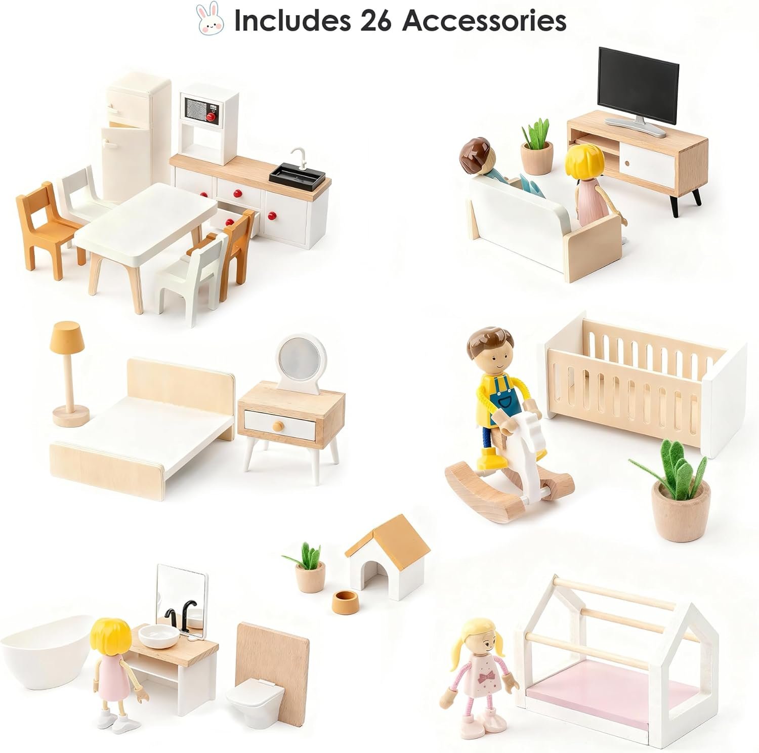 Wooden Dollhouse for Kids, 6-Room Modern Style Toy Doll House Playset with 26 Furniture & Functional Doors, 1:12 Scale Open Plan Dollhouse Designed for 4-6 Inch Dolls, STEM Creative Gift for Ages 3+ - Image 4