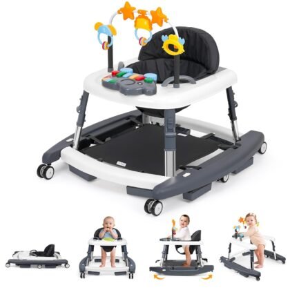 5-in-1 Music and Lights Baby Walker Foldable with 5 Adjustable Heights, Baby Walker with Wheels and Bouncer Combo Portable, Infant Toddler Walker for Baby Boy Girls 6-18 Months