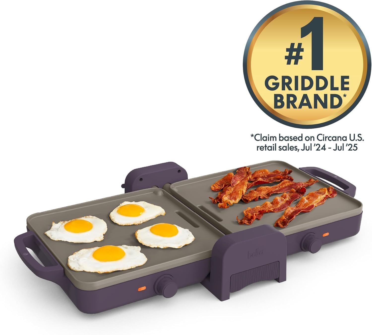 bella 10"x 20" Ceramic Fold-n-Store Dual Temp Griddle, Fits-anywhere Kitchenware, EverGood Ceramic Nonstick Coating, 2 Temperature Zones up to 400°F, Dishwasher Safe Drip Tray, 1500 Watt, Plum - Image 3