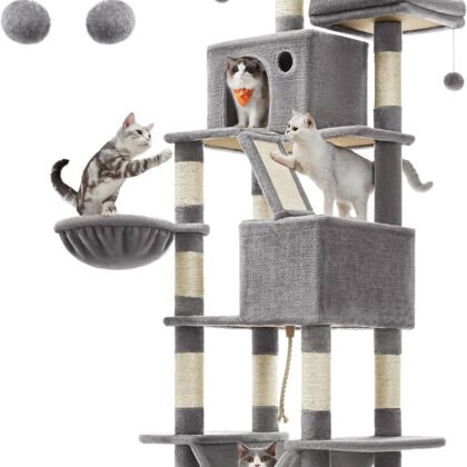 Feandrea Cat Tree, 81.1-Inch Large Cat Tower with 13 Scratching Posts, 2 Perches, 2 Caves, Basket, Hammock, Pompoms, Multi-Level Plush Cat Condo for Indoor Cats, Light Gray UPCT190W01