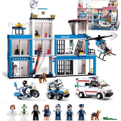 City Police Station Building Set, Headquarters Station, 4 Car Sets, Motorcycle, Police Helicopter, City Ambulance, Cop Patrol, 8 Police Minifigures, Compatible with Lego City 6-12 Boys Girls, 606 PCS