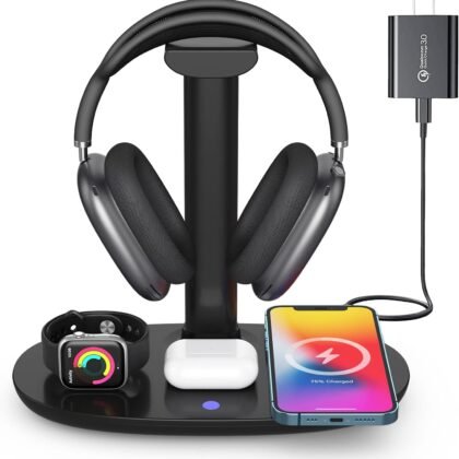 Headphone Stand with 15w Wireless Charger, Suguder 4 in 1 Charging Station Headset Holder for AirPods Max/Pro/4/3/2 iWatch 10/9/8/7/6/5/4/3/2/1/SE iPhone 17/16/15/14/13/12/11/X for Desktop Table Game
