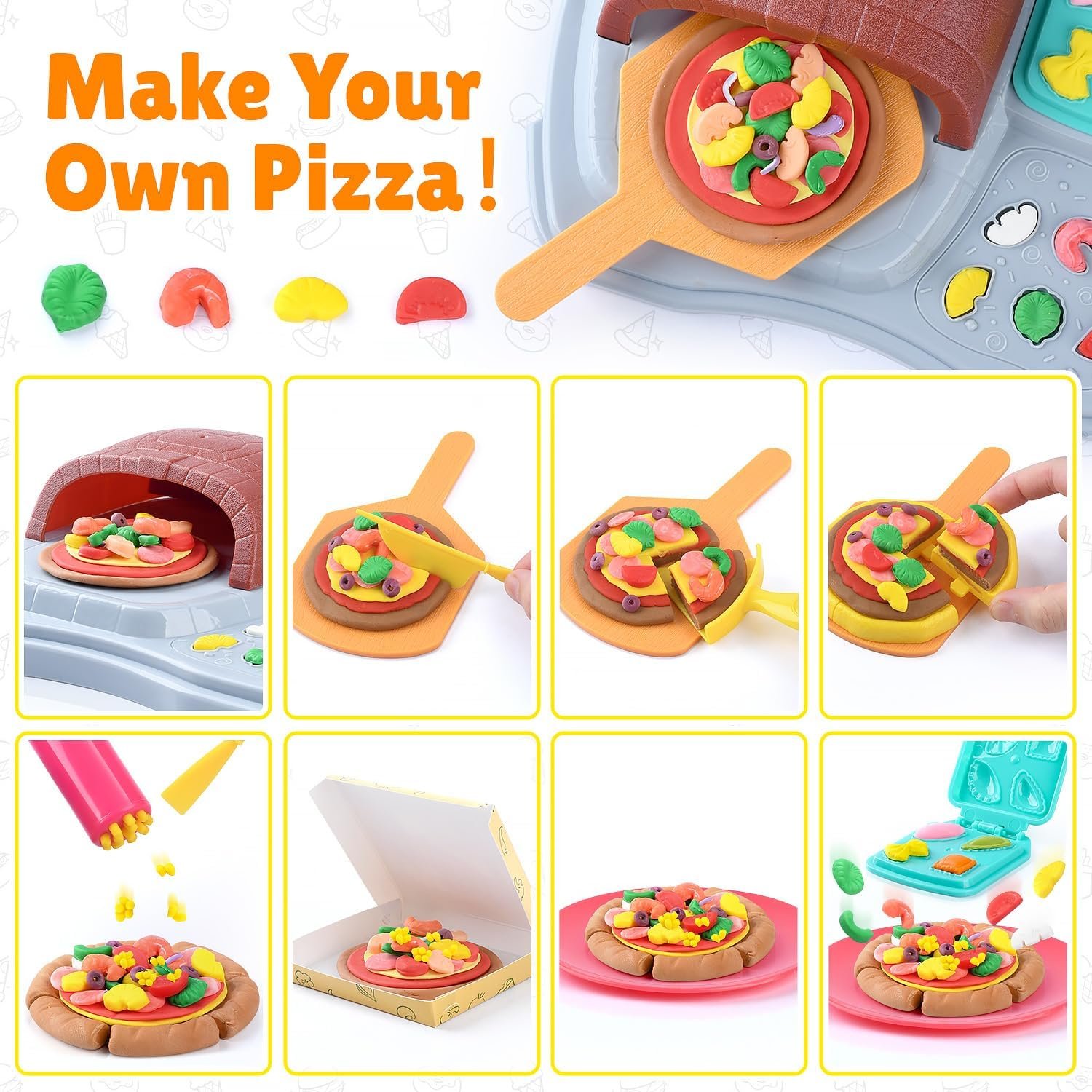 2 in 1 Color Dough Sets for Kids Ages 2-4-8, Kitchen Creations Ice Cream Pizza Maker Machine, Art Crafts Play Food Toys for 3 Year Old Girls Boys and Up, 8 Cans of Modeling Compound Dough,2 oz Cans - Image 7