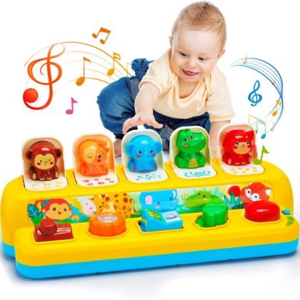 Interactive Pop up Animal Toys with Music & Light, Montessori Cause and Effect Toys for 1 Year Old Boy Girl Early Learning Musical Baby Toy 9-12-18 Months STEM Toddler Toy Age 1-2 Gift for Infant