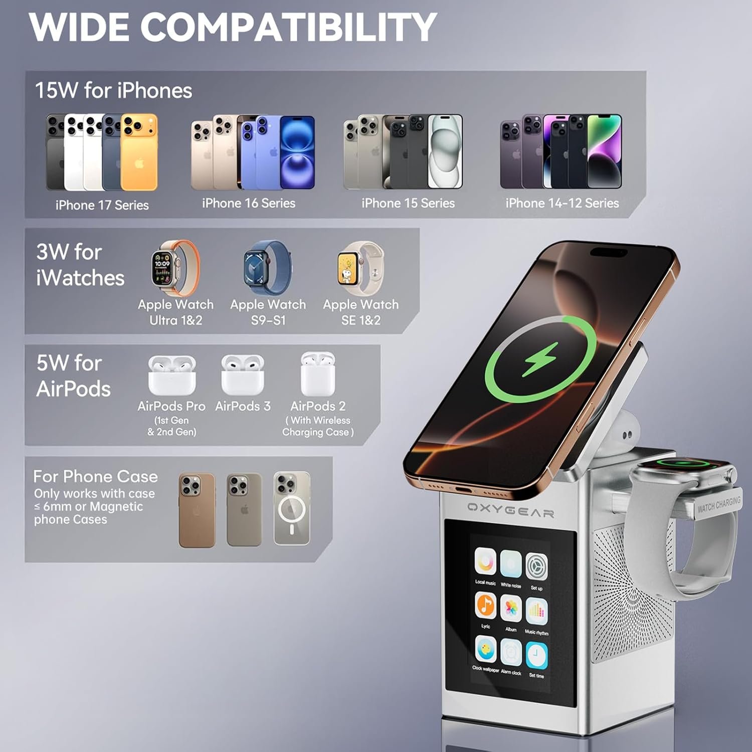 3-In-1 Wireless Charging Station LCD Touch Screen with Bluetooth 5.3 Speaker, Digital Alarm Clock, Qi MagSafe Charger for iPhone iWatch AirPods, 20W Adapter, Suitable for Home, Office & Travel, Sliver - Image 5