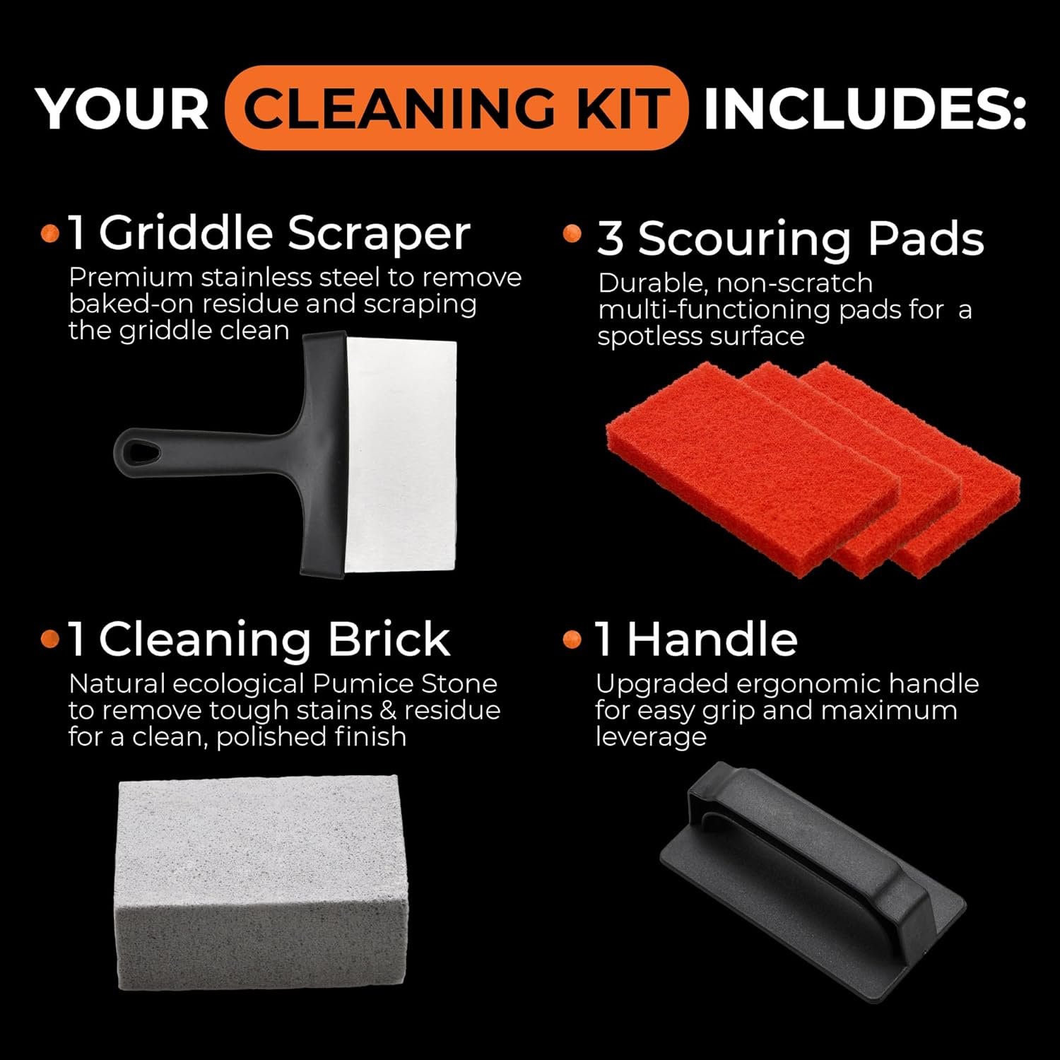 6-Piece Grill Cleaning Kit by Griddle Buddy for Blackstone with Grill Scraper, Cleaning Brick, Handle, and 3 Scouring Pads - Image 4
