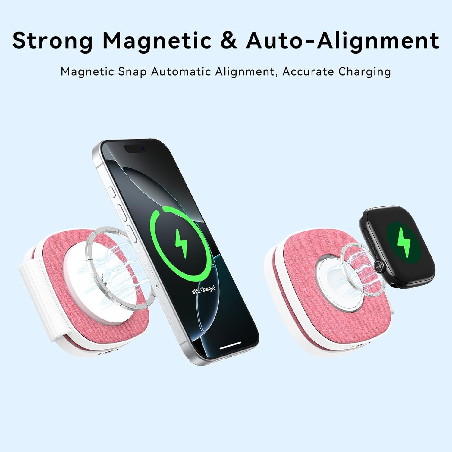 Flodable 2 in 1 Mag-Safe Wireless Charger for iPhone 16 15 14 13 12 Series,Apple Watch Series/Ultra/SE,Airpods/Pro,Portable Magsafe Charger 3 in 1 Wireless Charging Station (Pink with 20W PD Charger) - Image 7