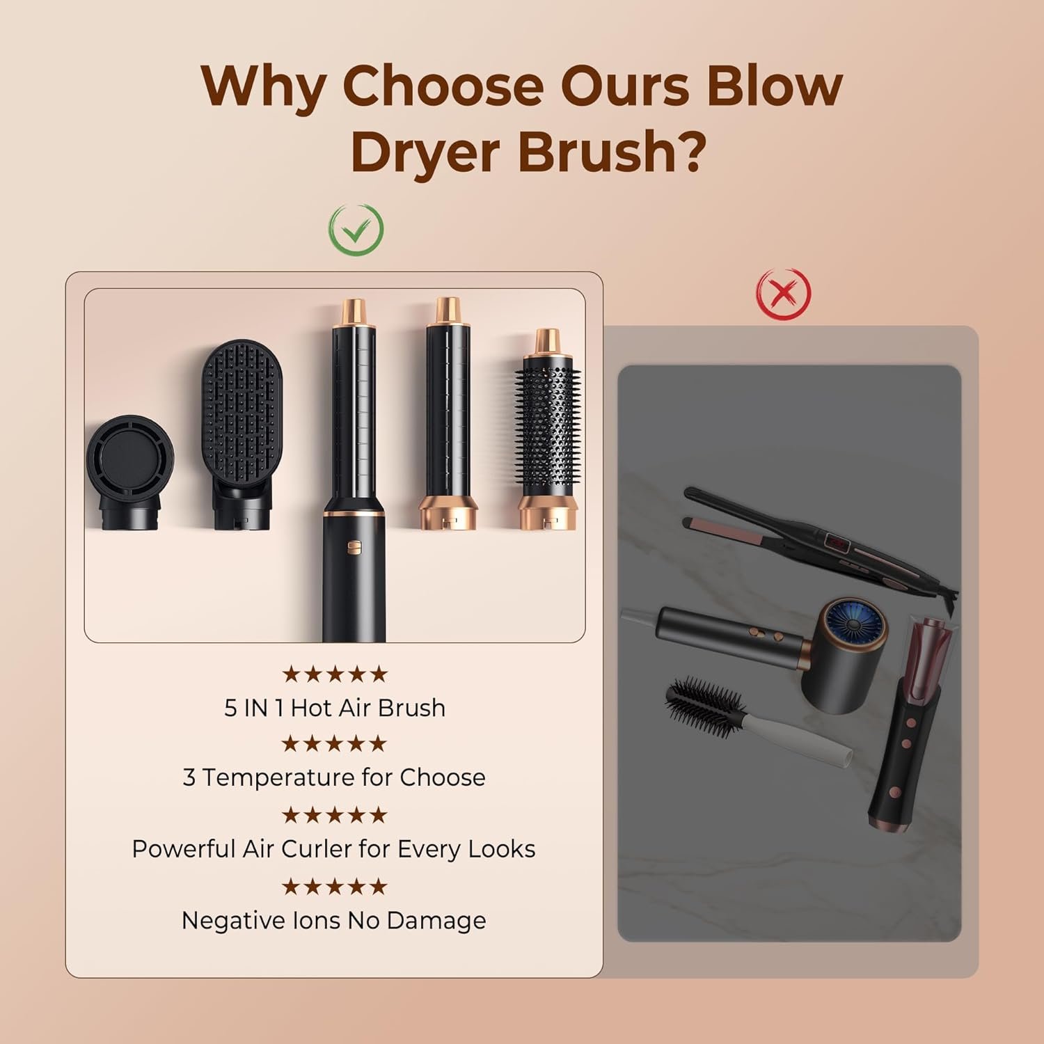 5 in 1 Blow Dryer Brush, Upgrade Hair Dryer Brush Air Curler Air Curling Wrap Styler, Detachable Hot Air Brush Negative Ion Curling Brush Iron, Hair Styling Tools for Drying Curling Straightening - Image 6