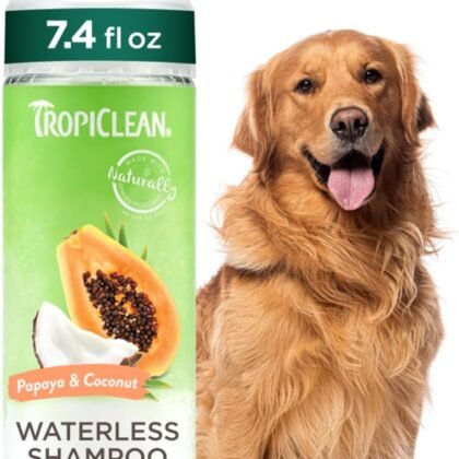 TropiClean No Rinse Waterless Dog Shampoo | Detangling & Deodorizing Dry Shampoo for Smelly Pets | Moisturizes Dry Skin | USA Made | Papaya Scent | 7.4oz