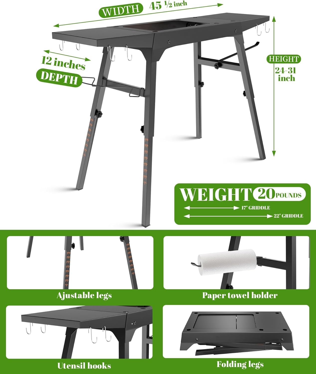 Blackstone Griddle Stand for 17”or 22”, Industrial Grade Metal Blackstone Grill Table Stand, with Tool Rack, Paper Towel Holder Trash Bag Holder, for Outdoor Camping Garden Lawns Collapsible Griddle - Image 3