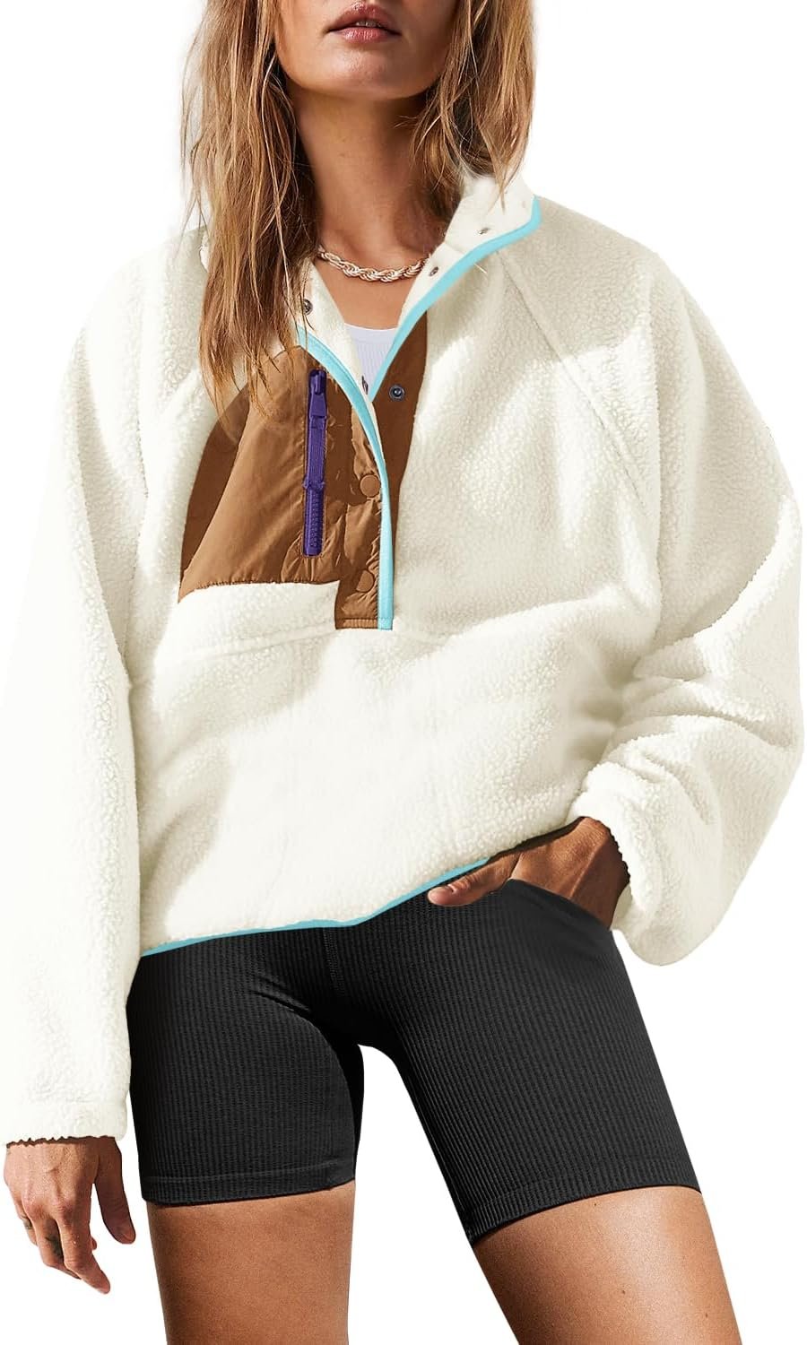 Yanekop Womens Fuzzy Fleece Pullover Sherpa Sweatshirt Long Sleeve Button Down Sweater Winter Fleece Jacket with Pockets