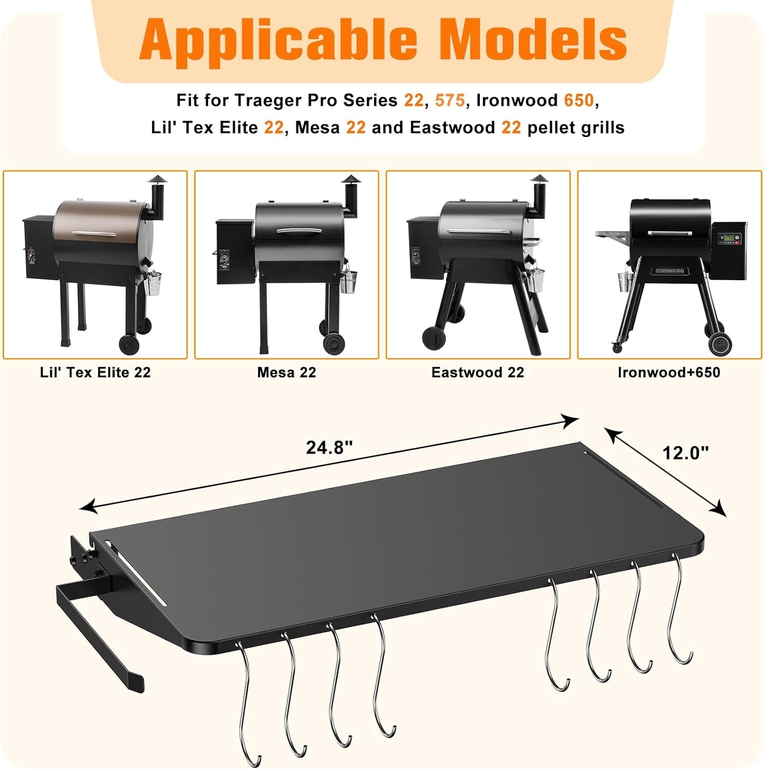 Folding Shelf for Traeger Pellet Grills, BAC362 Pellet Front Shelf with Hooks and Paper Towel Holder for Traeger Pro 22, Pro 575, Eastwood 22, Ironwood 650 and Century 22 Series Pellet Grill - Image 2