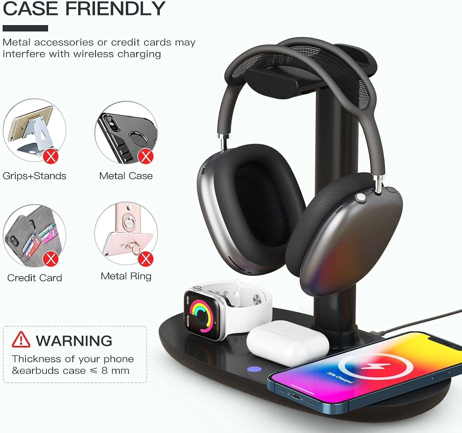 Headphone Stand with 15w Wireless Charger, Suguder 4 in 1 Charging Station Headset Holder for AirPods Max/Pro/4/3/2 iWatch 10/9/8/7/6/5/4/3/2/1/SE iPhone 17/16/15/14/13/12/11/X for Desktop Table Game - Image 5