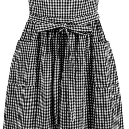 Vintage Gingham Apron Dress for Women, Pinafore with Ruffle Straps & 2 Pockets, Soft Cotton Apron for Cooking
