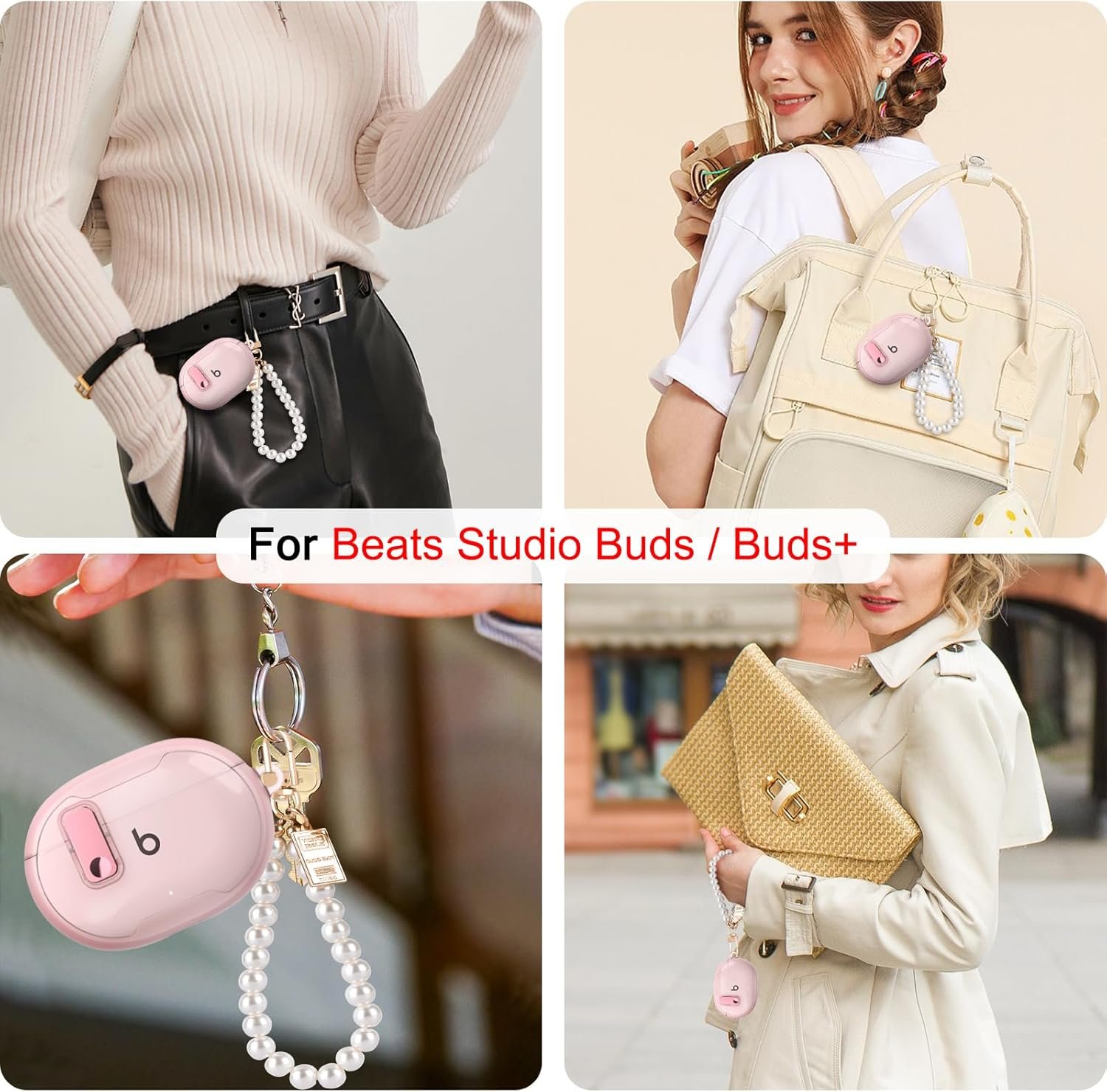 CameCosy for Beats Studio Buds/Buds + Case with Secure Lock Clip Design for Women, Soft TPU Bumper Shockproof Cover for Beat Studio Buds with Pearl Bracelet Keychain-Clear Pink - Image 6