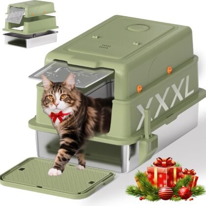 Homegroove XXXL Stainless Steel Litter Box with Lid, 28''x20''x18'' Extra Large Cat Litter Box with Litter Scoop & Pedal, Enclosed Metal Cat Litter Pan for Large & Multi-Cats, Anti-Leakage (Green)