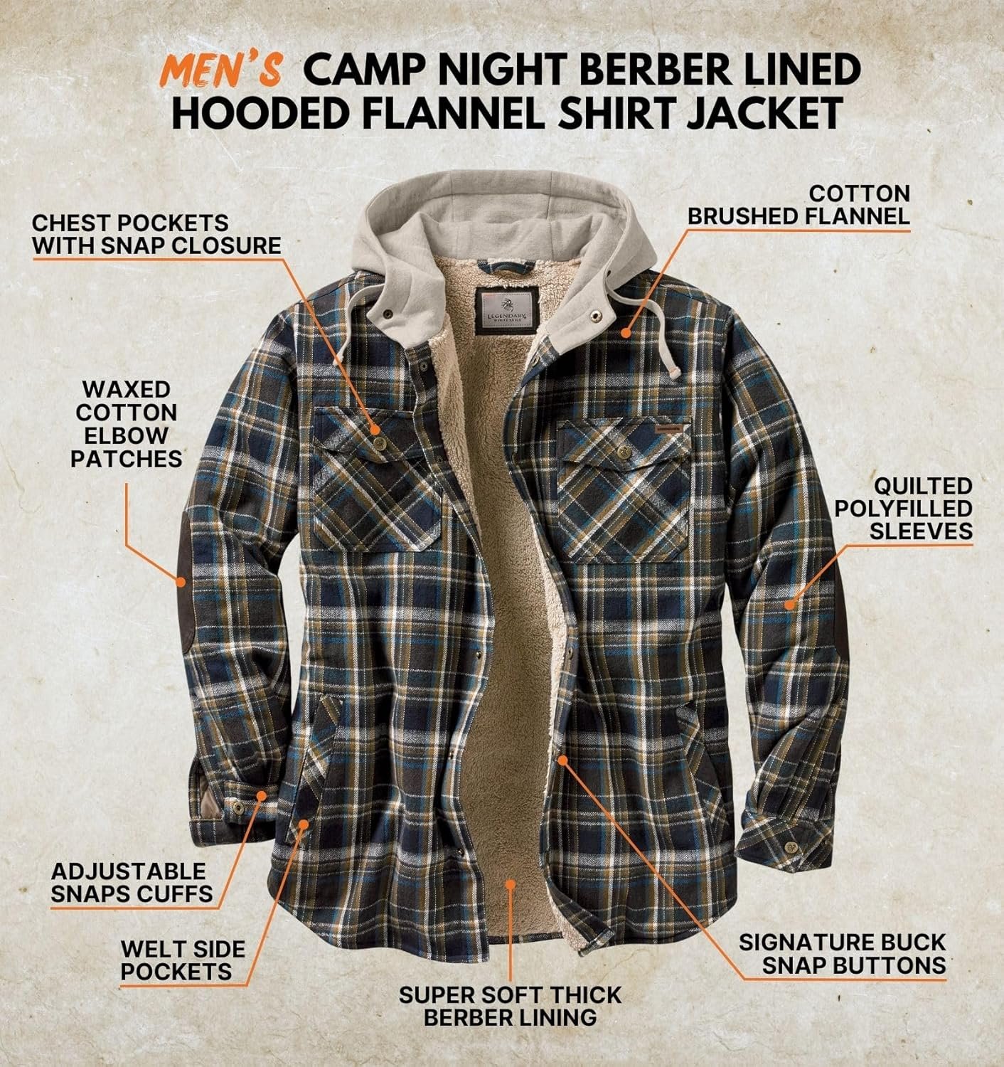 Legendary Whitetails Men's Hooded Shirt Jacket Plaid Flannel Berber Lined Polyfill Insulated - Image 2