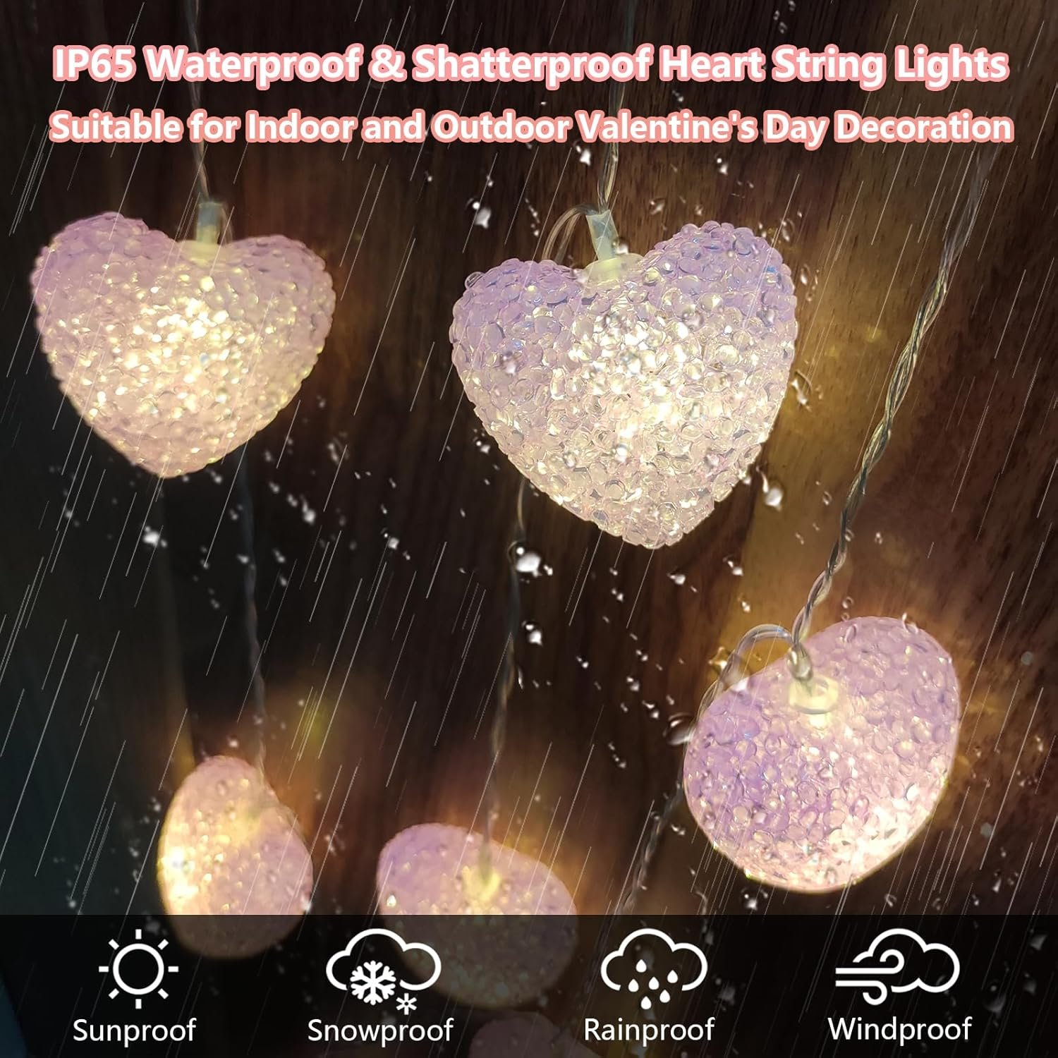 Valentines Heart String Lights Battery Operated 6.8Ft 10 LED Shatterproof Pink Heart Lights with Remote Timer, Indoor Outdoor Heart Valentine Lights for Wedding Bedroom Party Valentines Decor - Image 3