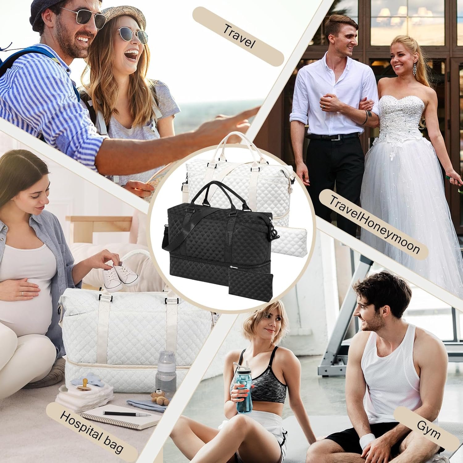 2 Sets Travel Duffel Bag with Shoe Compartment Weekender Overnight Travel Bag with Toiletry Carry on Handbag for Hospital Couple Honeymoon Yoga Gym - Image 6