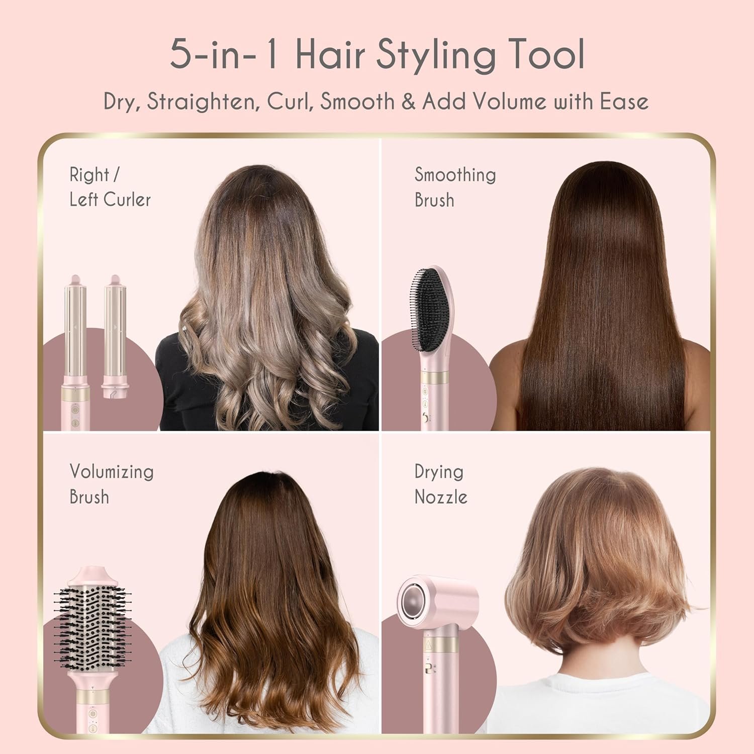 5 in 1 Ionic Hot Air Styler, 1400W Powerful Hair Dryer Brush, Auto-Wrap Curlers, Paddle Brush for Fast Drying, Volumizing with Travel & Storage Bag - Image 2