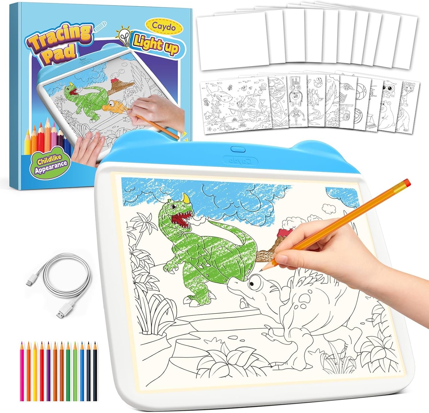 Caydo Light Up Tracing Pad 34Pcs Set, 3 Brightness Levels Eye Protection Light Box for Tracing, Drawing Writing Boards for Kids, Type-C & Battery Power Supply, Birthday Holiday Gifts for Girls Boys