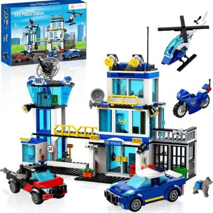 City Police Station Building Block Set with Light, 634 PCS HQ Station Kits with Helicopter, Police Car and Motorcycle. Ideal as a Birthday Holiday Collectible Gift for 6+ Fans, Boys and Girls