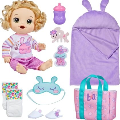 Baby Alive Bunny Sleepover Baby Doll, Bedtime-Themed 12-Inch Dolls, Sleeping Bag & Bunny-Themed Doll Accessories, Toys for 3 Year Old Girls and Boys and Up, Blonde Hair (Amazon Exclusive)