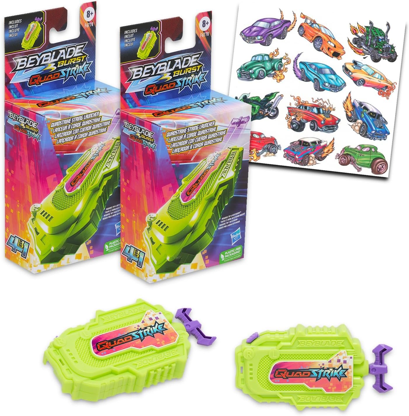 Dual Beyblade String Launcher Set - Bundle with 2 Beyblade String Launchers Quad Strike, Left/Right SpinPlus Tattoos | Beyblades Launcher Set for Kids