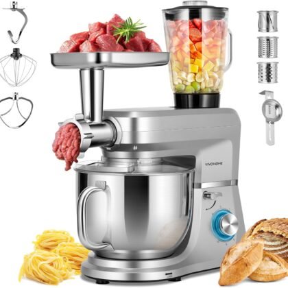 VIVOHOME 6-in-1 Stand Mixer, 8.5 Quart Electric Tilt-Head Kitchen Mixer with Bowl, Multifunctional Food Mixer for Cake, Bread, and Dough, with Meat Grinder, Blender, Pasta Maker Attachments, Silver