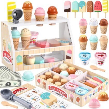 WHOHOLL Wooden Ice Cream Toys Kids Play Store Pretend Toy for Toddlers, Play Kitchen Accessories with Scoop, Menu, Ice Cream Play Set Birthday for 3 4 5 6 Year Old Girls Boys