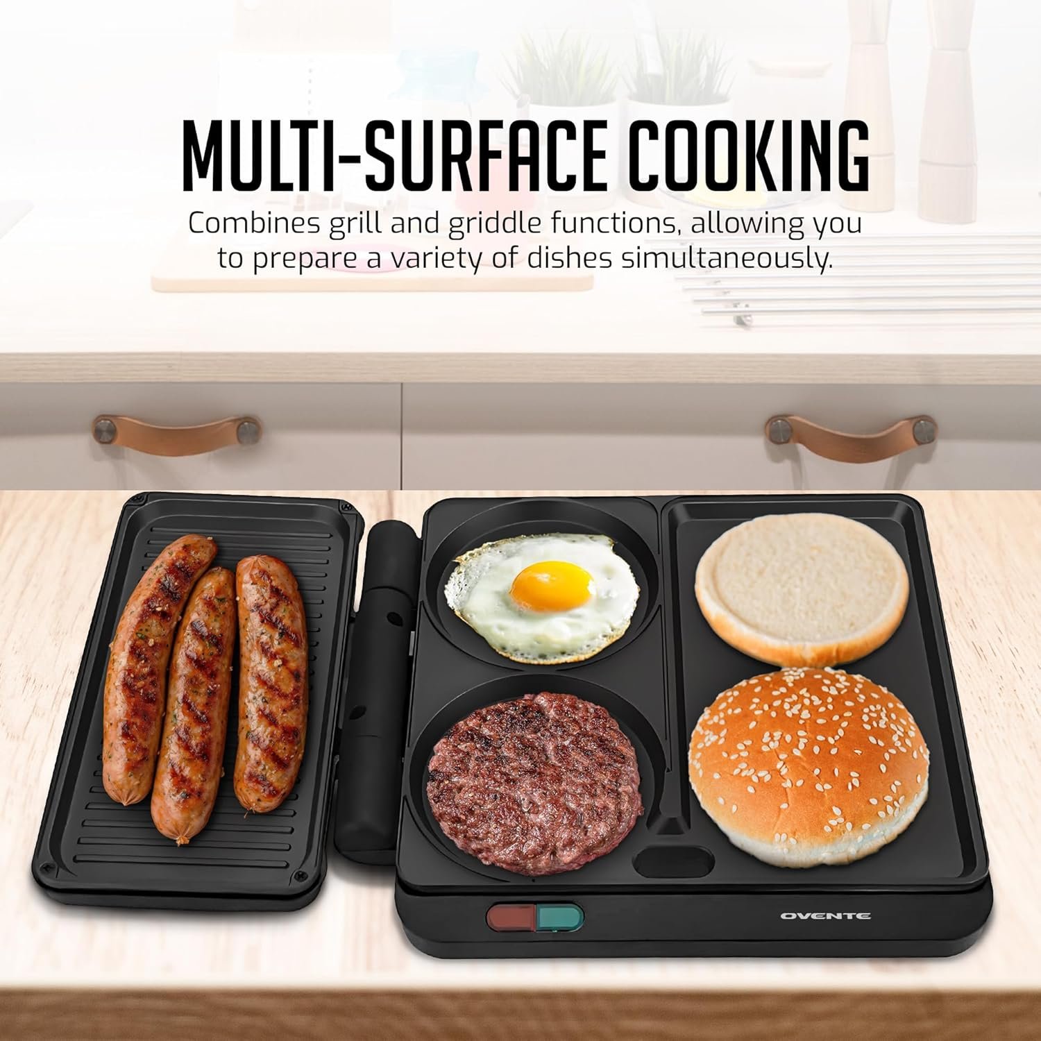 OVENTE Sandwich Maker and Hamburger Grill Machine with Non-Stick Griddle and Griller Plate, 1000W Electric Multipurpose Breakfast Station for Sandwiches, Burgers, Egg Muffin & Pancakes, Black HMG111B - Image 7