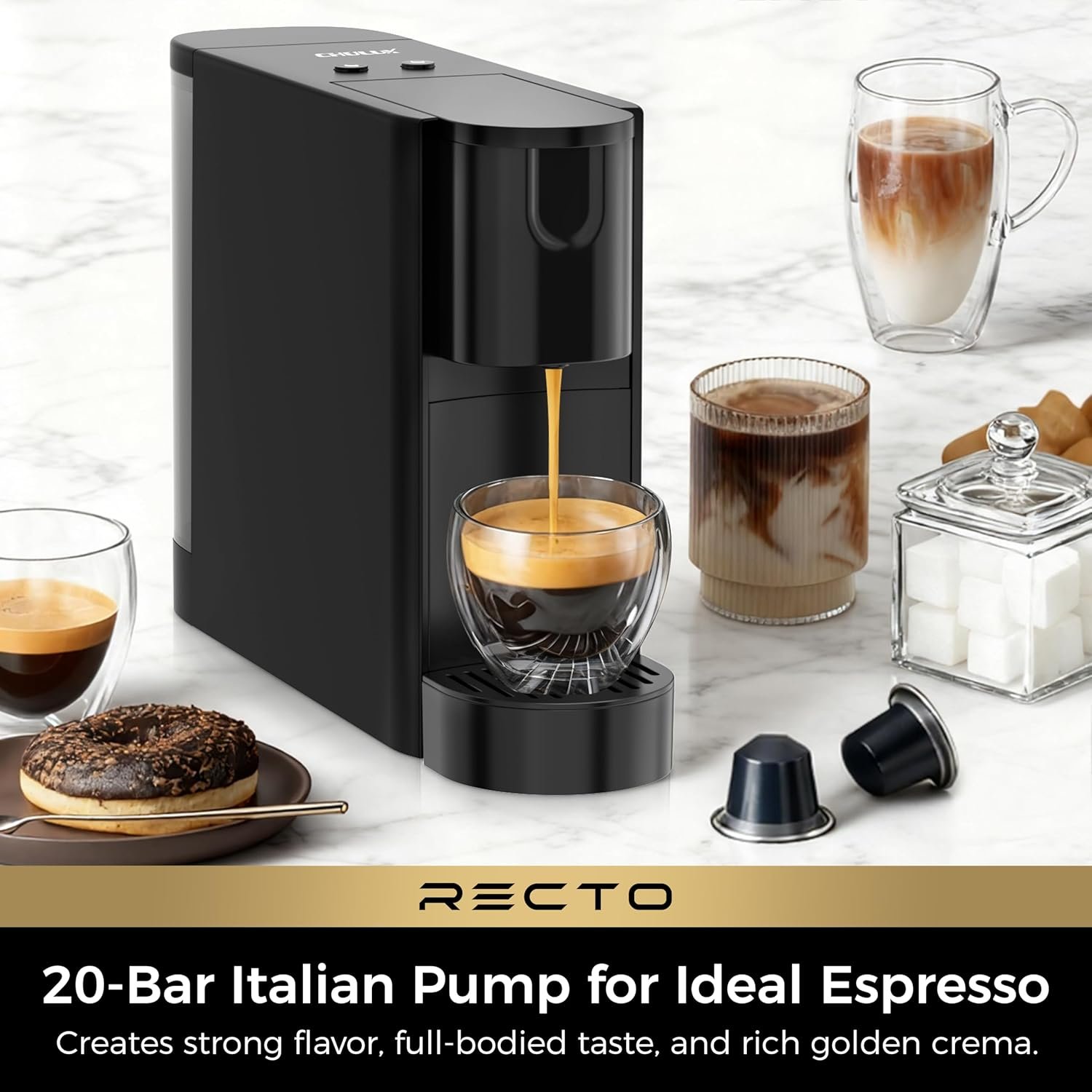 CHULUX RectoCafé Espresso Machine for Nespresso Original Capsule Pod, 20 Bar Professional Italian Pump Coffee Machine, Extra Mini Espresso Maker for Home & Office, Black - Image 3