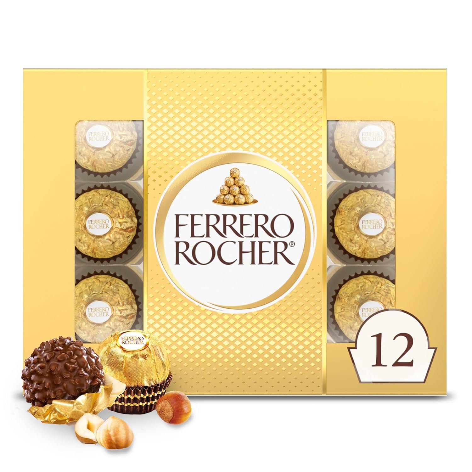 Ferrero Rocher Gourmet Hazelnut Milk Chocolate Valentine's Day Gift Box, 12 Individually Wrapped Chocolates for Gifting, 5.3 oz