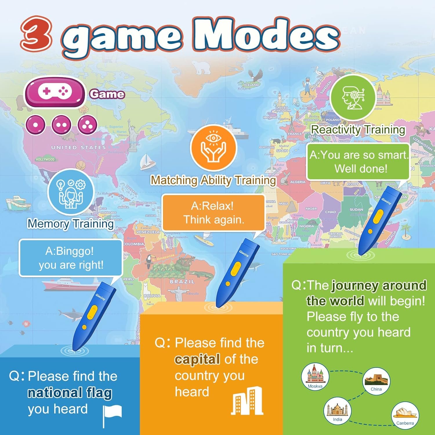 Bilingual Interactive World Map for Kids Learning and Educational Toys, Talking Electronic Kids World Map i-Poster Geography Games Ages 3 to 12 Years Old, Custom Talking Birthday Gifts Card - Image 5