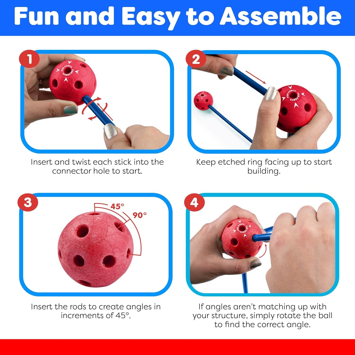 Power Your Fun Fun Forts Kids Tent - 81 Pack Fort Building STEM Toys Kit, Construction Toys Play Tent Indoor and Outdoor Playhouse for Kids with 53 Rods and 28 Spheres (Red, Blue) - Image 4