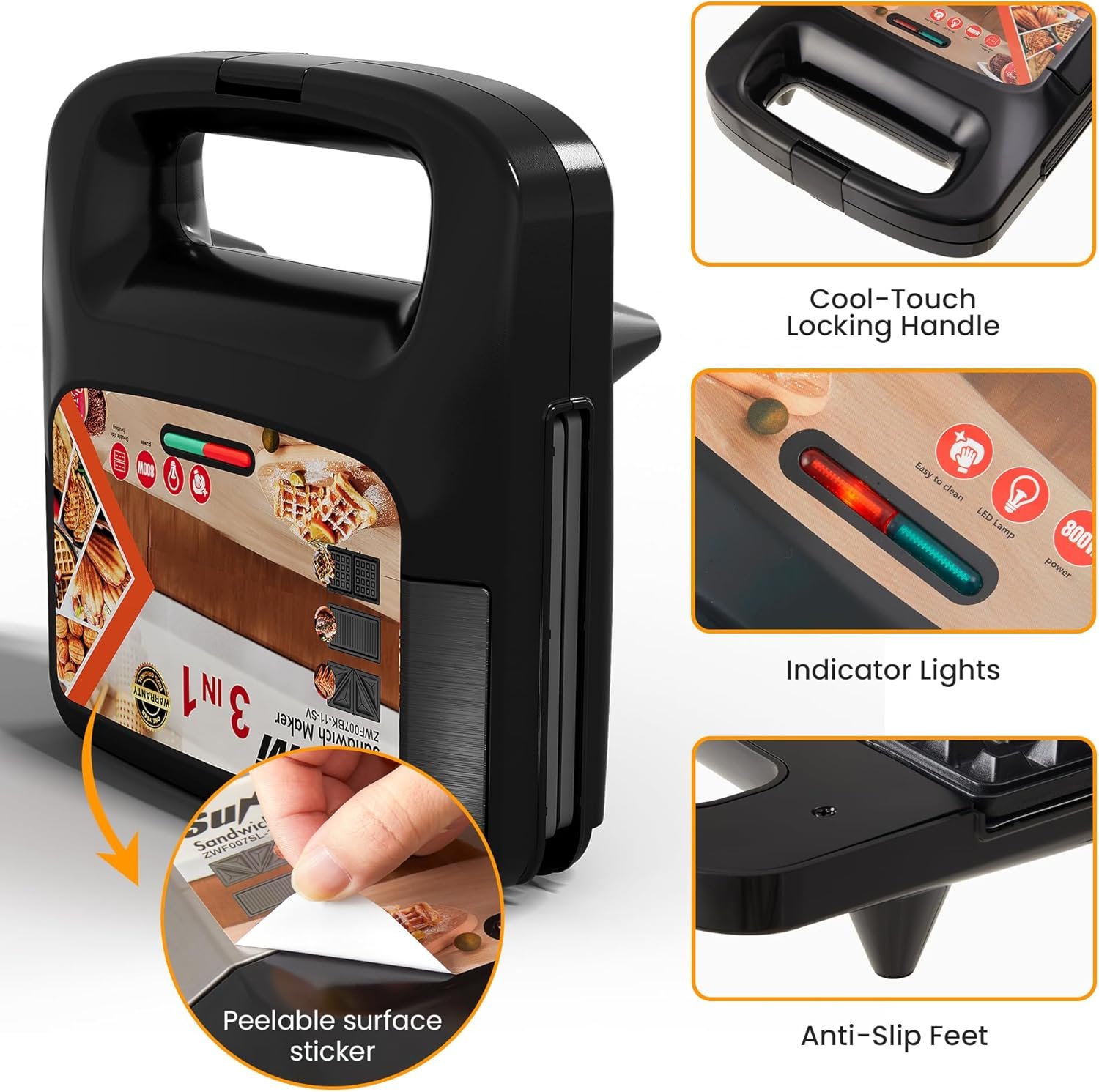 Sunvivi 3 in 1 Electric Sandwich Maker: Panini Press Grill and Waffle Iron Set, Grill and Sandwich Press with Removable Nonstick Plates, Indicator Lights & Cool Touch Handle, 800W, Black - Image 3