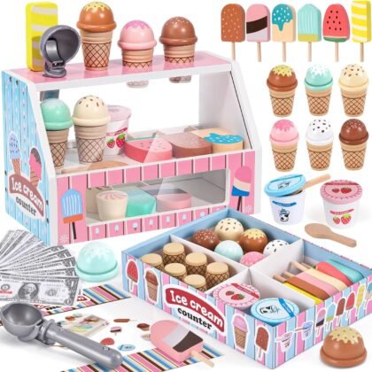 Wooden Ice Cream Toys Kids Kitchen Play Store for Toddlers Girls, Play Kitchen Accessories with Scoop & Menu & Fake Money, Wooden Toys for 3 4 5 Year Old Girls Boys Birthday