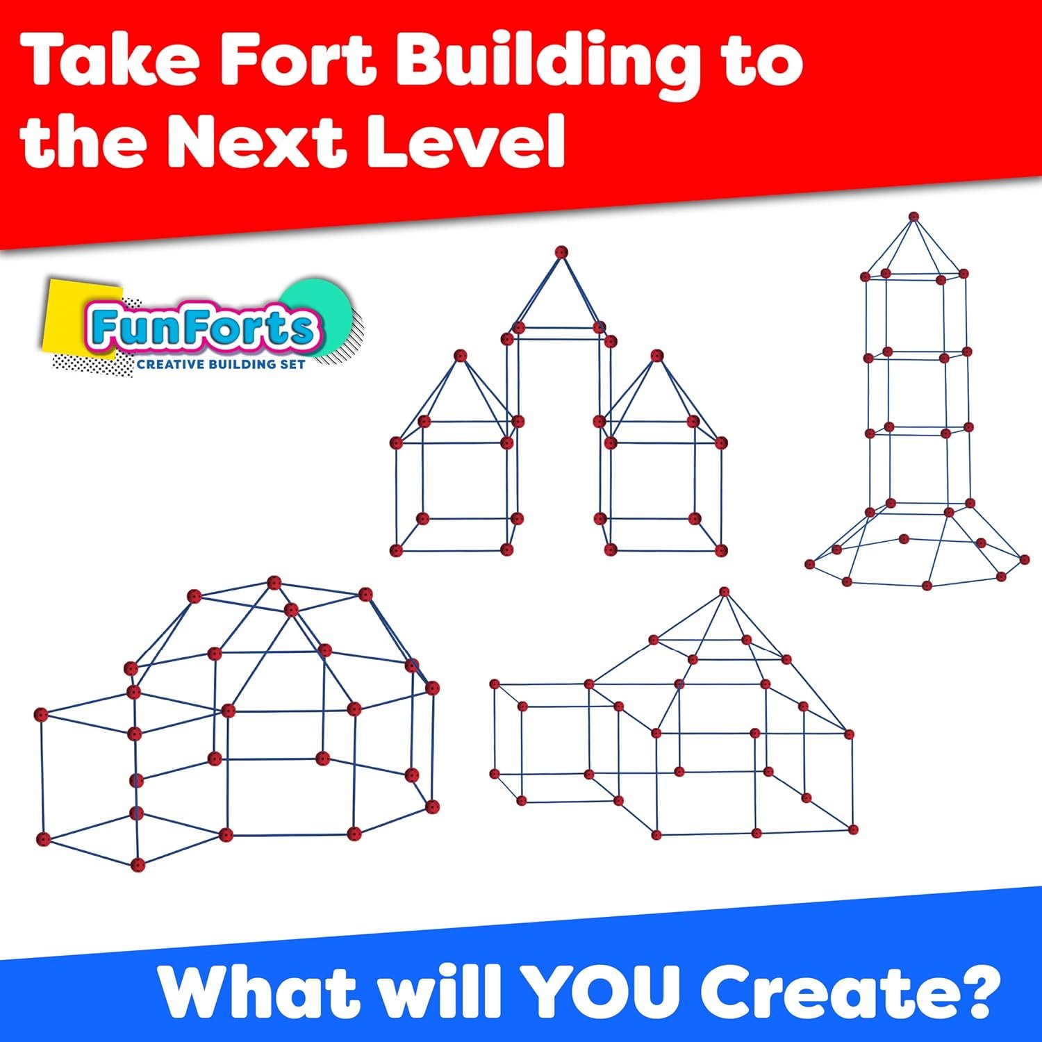 Power Your Fun Fun Forts Kids Tent - 81 Pack Fort Building STEM Toys Kit, Construction Toys Play Tent Indoor and Outdoor Playhouse for Kids with 53 Rods and 28 Spheres (Red, Blue) - Image 7