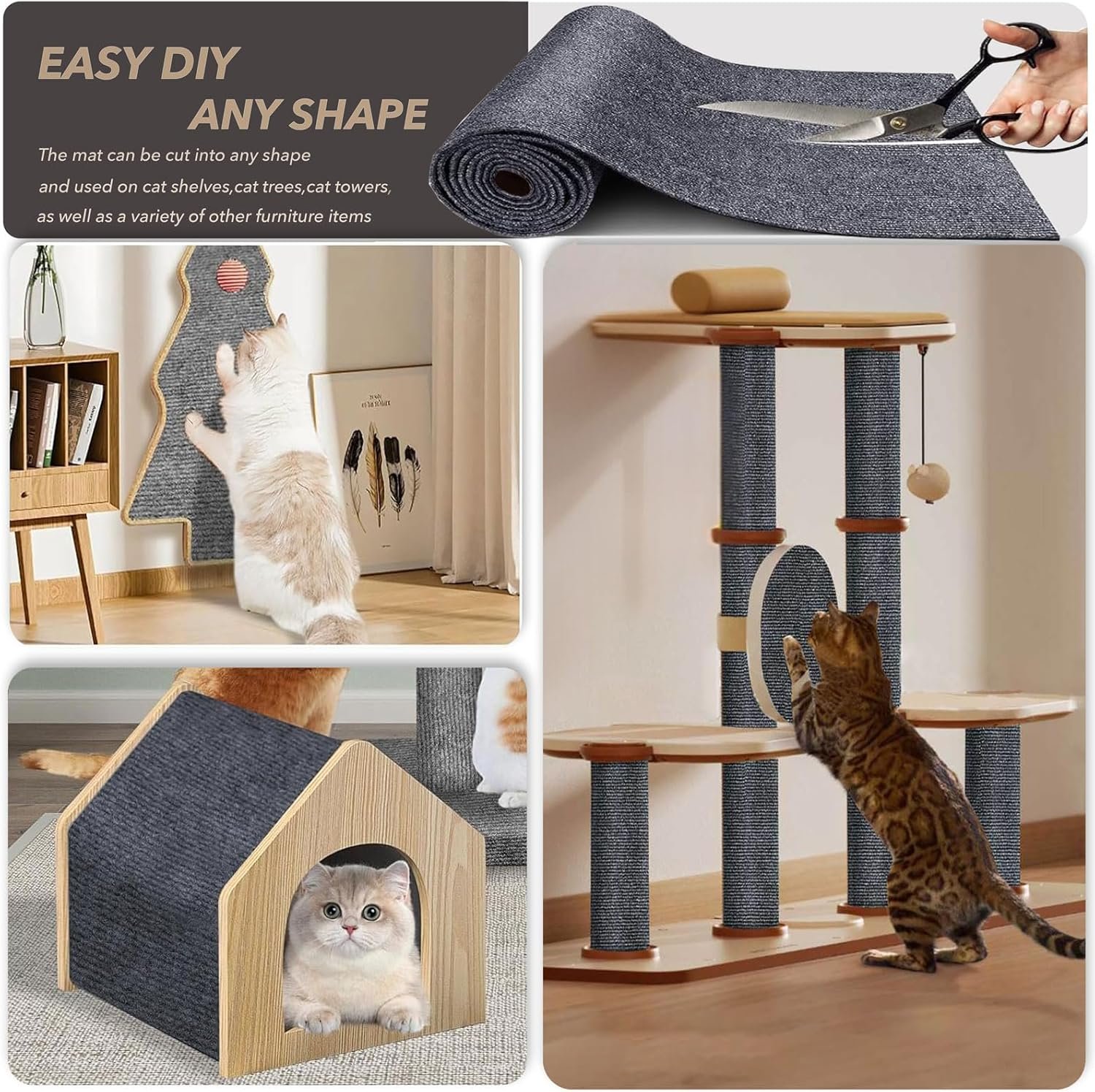 78.7"X15.8" Cat Scratching Mat, Self-Adhesive Cat Scratch Carpet, DIY Cats Scratch Furniture Protector for Couch, Sofa, Wall & Door, Durable Furniture Guards Couch Scratcher from Cats Claws, Dark Grey - Image 2