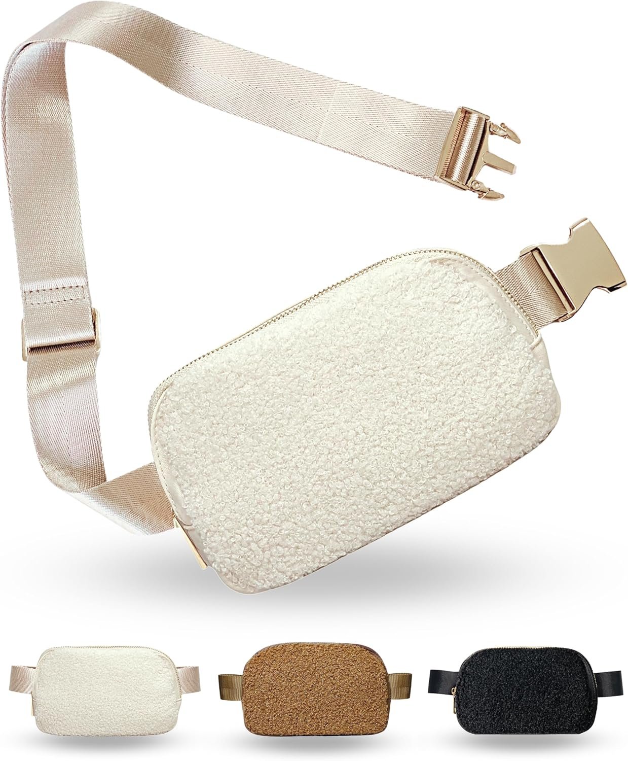 Boutique Fleece Belt Bag | Sherpa Crossbody Fanny Pack for Women | Everywhere Waist Pack | Small Fashion Travel Chest Bag (Cream Fleece, Small Strap Length)