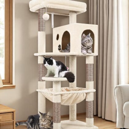 Globlazer Cat Tree Tower with Scratching Post for Indoor Cats, 53inch Tall Plush Multi-Level Cat Climbing Tower Condo House with Large Hammock, Spacious Cat Cave, Big Padded Top Perch Bed, F53, Beige