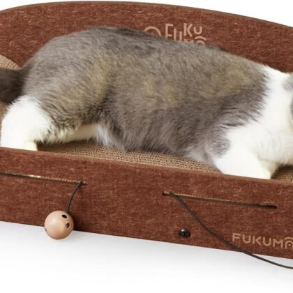 FUKUMARU 26 Inch Cat Scratcher Cardboard Lounge Bed, Durable Cat Scratcher Extra Large Lounger, 2 Reversible Cat Scratching Pads Refill for Indoor Cats, Cat Scratch Bed Cardboard Toy, Caramel Color