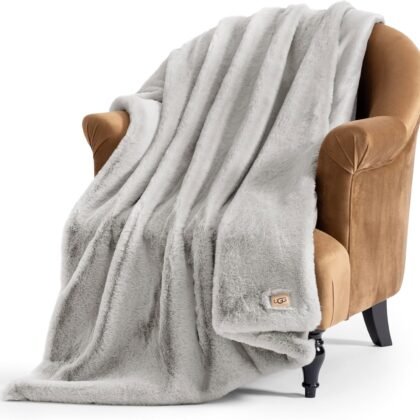 UGG Euphoria Faux Fur Throw Blanket, Oversized Warm Throw for Couch or Chair, Luxury Bedroom Decor, Cozy Soft Blankets, Machine Washable, 50-inch x 70-inch, Seal Grey