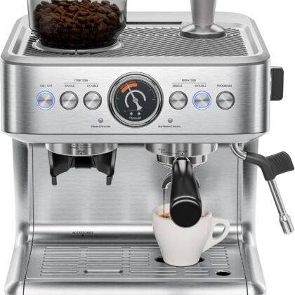Chefman Crema Supreme 15 Bar Espresso Machine with Milk Frother, Barista Steam Wand, Professional Coffee Maker with Coffee Grinder, 30 Grind Settings, 3L Removable Water Tank - Stainless Steel