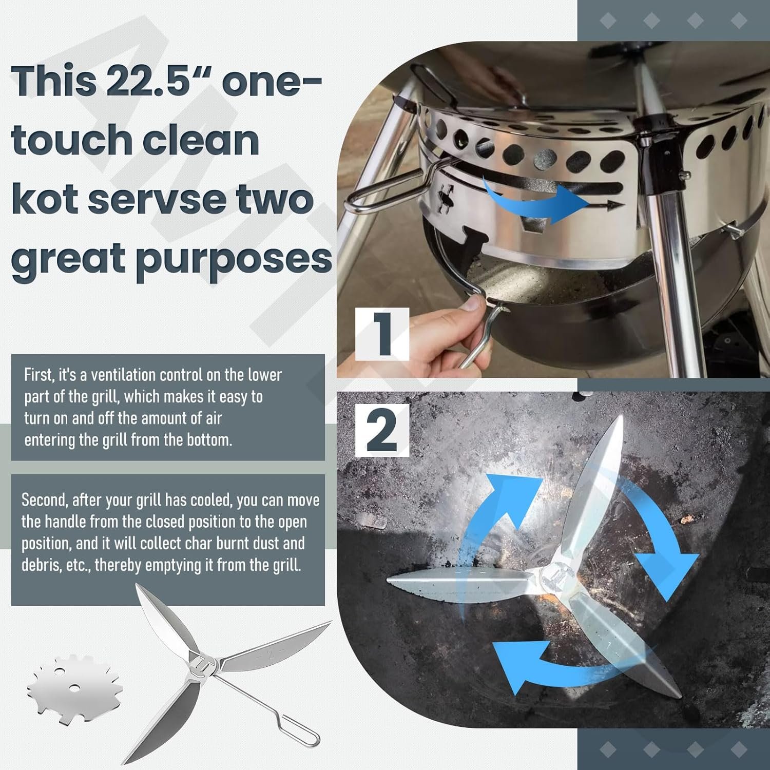 22-1/2-Inch One-Touch Cleaning System Kit, 7444 Replacement Parts-Grill Damper for Weber Grill, Also for Master-Touch Series, Performer Series, and Original Kettle Series 22" Charcoal Grills, Silver - Image 4