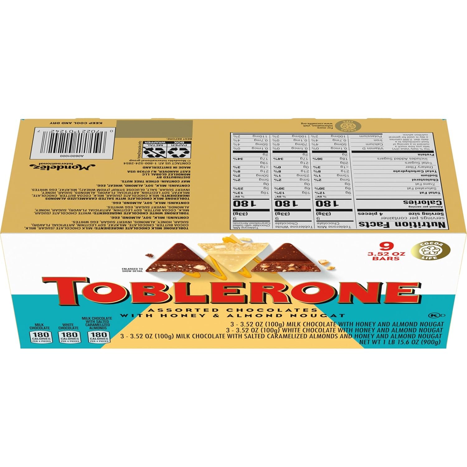 TOBLERONE Assorted Chocolate Bars Variety Pack (Milk, White, & Salted Caramelized Almonds), Bulk Chocolate, 1 Gift Box (9 Bars) - Image 15