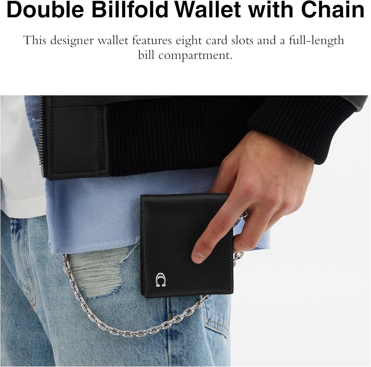 COACH Mens, Billfold Wallet With Chain, Black, One Size - Image 2