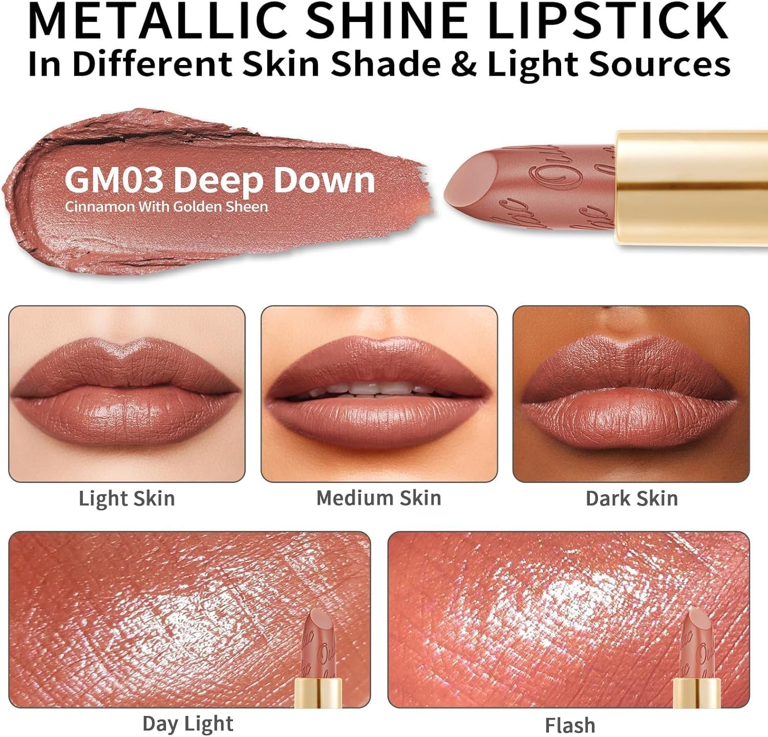 Oulac Matte Cinnamon Lipstick with Glow Metallic Finish - Vegan Lipstick for Women, Creamy Texture, Hydrating Clean Beauty Formula, High-End Magnetic Hook Design, GM03 Deep down - Image 3