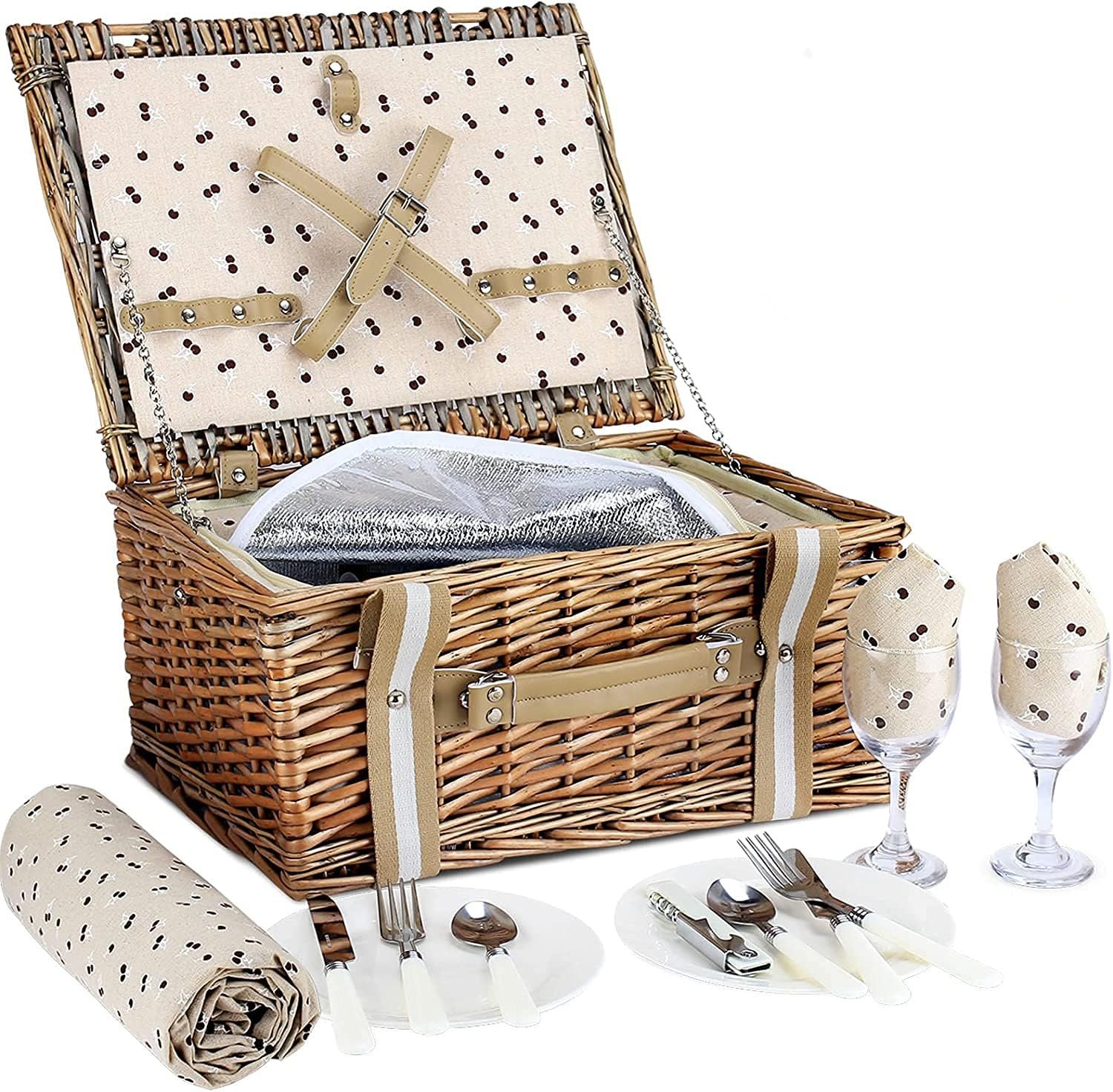 Willow Picnic Basket Set for 2 Persons with Large Insulated Cooler Bag and Waterproof Picnic Blanket, Wicker Picnic Hamper for Camping,Outdoor,Birthday - Image 4